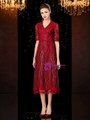 Queenly Burgundy Tulle Sequins V-neck Short Sleeve Tea Length Mother of the Bride Dress