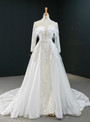 Stunning White Tulle High Neck Long Sleeve Peals Feather Prom Dress With Removable Train