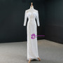 Stunning White Tulle High Neck Long Sleeve Peals Feather Prom Dress With Removable Train