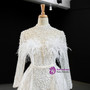 Stunning White Tulle High Neck Long Sleeve Peals Feather Prom Dress With Removable Train