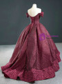 Fashionable Burgundy Ball Gown Hi Lo Sequins Off the Shoulder Prom Dress