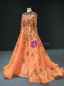 Winsome Orange Ball Gown Tulle Sequins Long Sleeve High Neck Beading Prom Dress