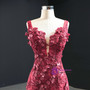 Luxury Burgundy Mermaid 3D Appliques Beading Straps Prom Dress
