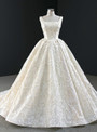 Eye-catching Champagne Ball Gown Tulle Pearls Square Neck Sleeveless Wedding Dress