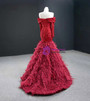 Popular Burgundy Mermaid Sequins Off the Shoulder Long Sleeve Prom Dress With Feather