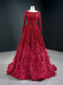 Distinctive Burgundy Bateau Sequins Long Sleeve Feather Prom Dress