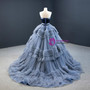 Elegance Gray Blue Ball Gown Tulle Strapless Tiers Pleats Sleeveless Prom Dress