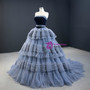 Elegance Gray Blue Ball Gown Tulle Strapless Tiers Pleats Sleeveless Prom Dress