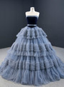 Elegance Gray Blue Ball Gown Tulle Strapless Tiers Pleats Sleeveless Prom Dress