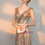 Classic In Stock:Ship in 48 Hours Simple Gold Sequins V-neck Beading Prom Dress