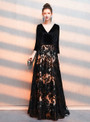 Trendy In Stock:Ship in 48 Hours Black Deep V-neck 3/4 Sleeve Lace Sequins Prom Dress