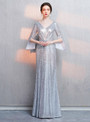 Casual In Stock:Ship in 48 Hours Silver Sequins V-neck Long Sleeve Prom Dress