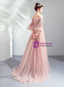 In Stock:Ship in 48 Hours Pink Tulle Embroidery Appliques Off the Shoulder Puff Sleeve Prom Dress
