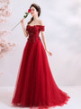 Fabulous In Stock:Ship in 48 Hours Burgundy Tulle Appliques Beading Off the Shoulder Prom Dress