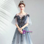 Fancy In Stock:Ship in 48 Hours Blue Tulle Appliques Puff Sleeve Backless Prom Dress