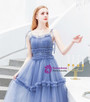 Fantastic In Stock:Ship in 48 Hours Blue Tulle Spagehtti Straps Pleats Long Prom Dress