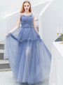 Fantastic In Stock:Ship in 48 Hours Blue Tulle Spagehtti Straps Pleats Long Prom Dress