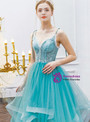 Best In Stock:Ship in 48 Hours Sky Blue Tulle Lace Spaghetti Straps Prom Dress With Botton