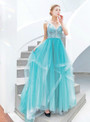Best In Stock:Ship in 48 Hours Sky Blue Tulle Lace Spaghetti Straps Prom Dress With Botton
