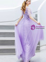 Popular In Stock:Ship in 48 Hours Purple Tulle V-neck Appliques Beading Prom Dress