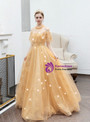 High quality In Stock:Ship in 48 Hours Simple Gold Tulle Lace Beading Prom Dress 