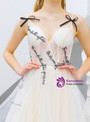 Fancy In Stock:Ship in 48 Hours Champagne Tulle V-neck Letter Prom Dress