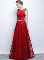 Delicate In Stock:Ship in 48 Hours A-Line Red Lace Scoop Prom Dress With Pocket