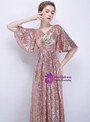 Fabulous In Stock:Ship in 48 Hours Pink Sequins V-neck Pleats Long Prom Dress