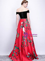 Fairy Tale In Stock:Ship in 48 Hours Red Black Satin Print Off the Shoulder Prom Dress With Pocket