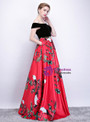 Fairy Tale In Stock:Ship in 48 Hours Red Black Satin Print Off the Shoulder Prom Dress With Pocket