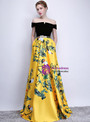 Fancy In Stock:Ship in 48 Hours Yellow Black Satin Print Off the Shoulder Prom Dress With Pocket