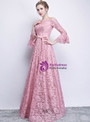 Fashionable In Stock:Ship in 48 Hours Pink Lace Long Sleeve Off The Shoulder Prom Dress With Sash