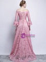 Fashionable In Stock:Ship in 48 Hours Pink Lace Long Sleeve Off The Shoulder Prom Dress With Sash