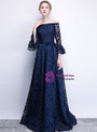 Attractive In Stock:Ship in 48 Hours Simple Navy Blue Lace Long Sleeve Off The Shoulder Prom Dress