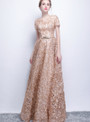 Hot Sale In Stock:Ship in 48 Hours Khaki Lace V-neck Cap Sleeve Prom Dress With Sash