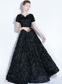 Impressive In Stock:Ship in 48 Hours Black V-neck Cap Sleeve Prom Dress With Sash