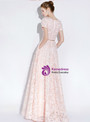 Popular In Stock:Ship in 48 Hours Pink Lace V-neck Cap Sleeve Long Prom Dress With Pocket