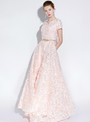 Popular In Stock:Ship in 48 Hours Pink Lace V-neck Cap Sleeve Long Prom Dress With Pocket