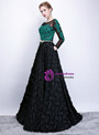 In Stock:Ship in 48 Hours Black Long Sleeve Green Lace Appliques Prom Dress With Pocket