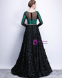 In Stock:Ship in 48 Hours Black Long Sleeve Green Lace Appliques Prom Dress With Pocket