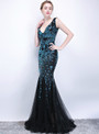 Alluring In Stock:Ship in 48 Hours Black Blue Sequins Mermaid Deep V-neck Prom Dress