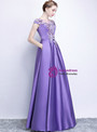 Distinctive In Stock:Ship in 48 Hours Purple Satin Embroidery Appliques Cap Sleeve Prom Dress With Pocket