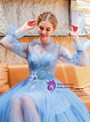 Glittering In Stock:Ship in 48 Hours Blue Tulle Long Puff Sleeve Appliques Prom Dress