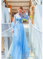 Glittering In Stock:Ship in 48 Hours Blue Tulle Long Puff Sleeve Appliques Prom Dress