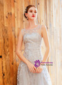 Plain In Stock:Ship in 48 Hours Silver Tulle Sequins Appliques Sleeveless Prom Dress