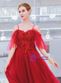 Modest In Stock:Ship in 48 Hours Burgundy Tulle Spaghetti Straps Appliques Beading Prom Dress