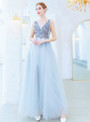 In Stock:Ship in 48 Hours Silver Gray Tulle V-neck Beading Sequins Prom Dress 