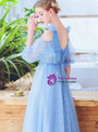 In Stock:Ship in 48 Hours Blue V-neck Short Sleeve Pleats Appliques Prom Dress