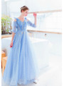 In Stock:Ship in 48 Hours Blue V-neck Short Sleeve Pleats Appliques Prom Dress