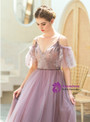 Splendid In Stock:Ship in 48 Hours Pink Tulle V-neck Spaghetti Straps Appliques Prom Dress
